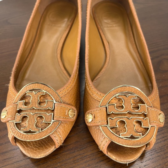 Tory Burch Shoes Women's 6.5M Brown Pebbled Leather Peep Toe Pump Wedge 11128602 - Picture 4 of 16